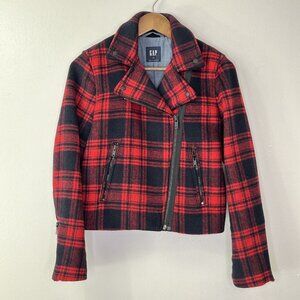 Gap Wool Blend Insulated Plaid Moto Jacket Red‎ Black Size XS